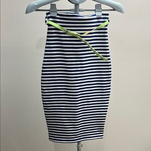Poof! Navy and White Striped Pencil Skirt with Lime Green Belt